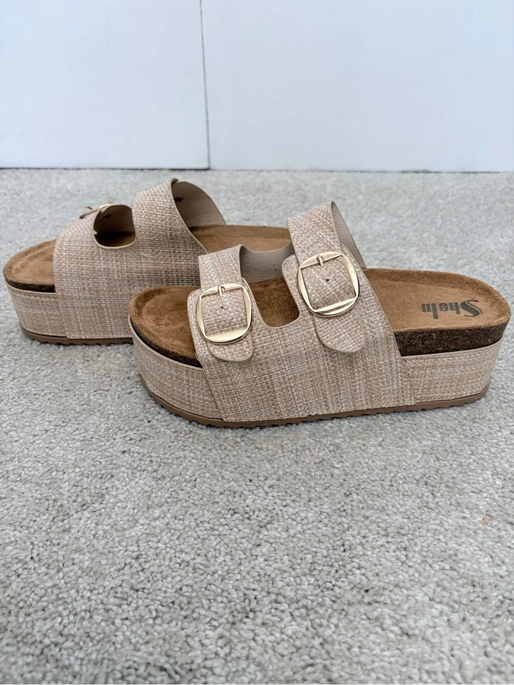 Women’s Platform Slide Sandals in Beige with Gold Buckles